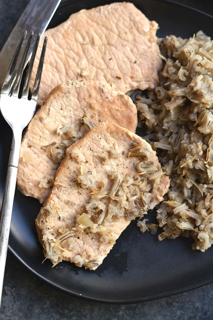 Pork Chops Wild Rice Casserole recipe that's quick to make with a few simple ingredients! A healthy meal that's naturally gluten free, light & packed with flavor. Gluten Free + Low Calorie