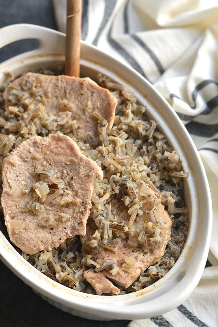 Pork Chops Wild Rice Casserole recipe that's quick to make with a few simple ingredients! A healthy meal that's naturally gluten free, light & packed with flavor. Gluten Free + Low Calorie