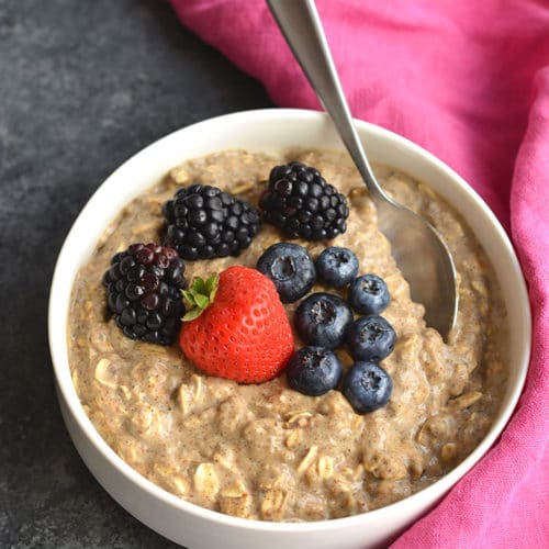 High Protein Oatmeal! Start your day with oatmeal made healthier with protein & omega-3's. Great for balancing hormones & fighting inflammation. Prep as instant oats or overnight oats. Gluten Free + Low Calorie