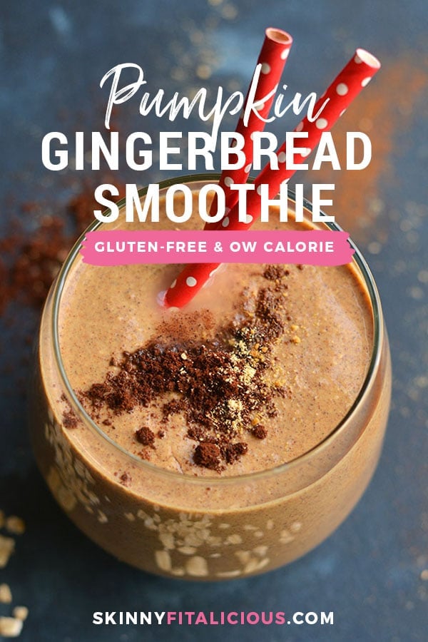 Pumpkin Gingerbread Smoothie! An overnight smoothie filled with antioxidants, probiotics & protein. An energizing way to start the day! Blend the night before & eat the next morning. Gluten Free + Low Calorie