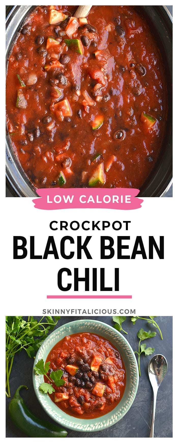 Slow Cooker Black Bean Chili! This vegan chili is full of zucchini and beans with a kick of spice! Hearty, filling, perfect for warming up on a cold day! Gluten Free + Low Calorie + Vegan
