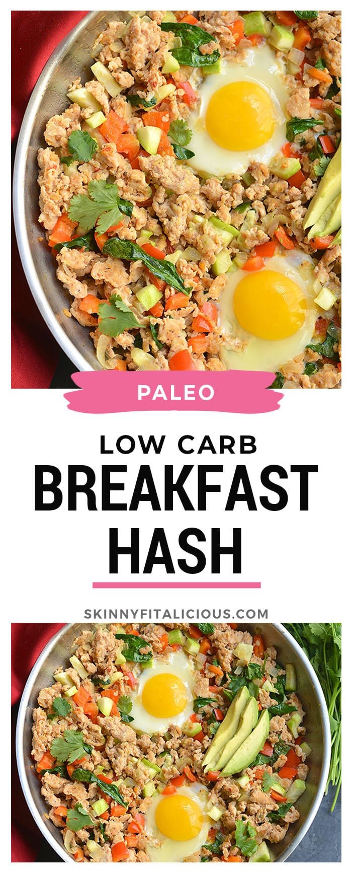 This Meal Prep Low Carb Breakfast Hash is loaded with turkey, spices and tons of veggies. A high protein, fiber rich meal to start the day. Serve with a crispy fried egg on top or boiled eggs for an EASY brunch or breakfast meal prep. Paleo + Whole30 + Gluten Free + Low Calorie