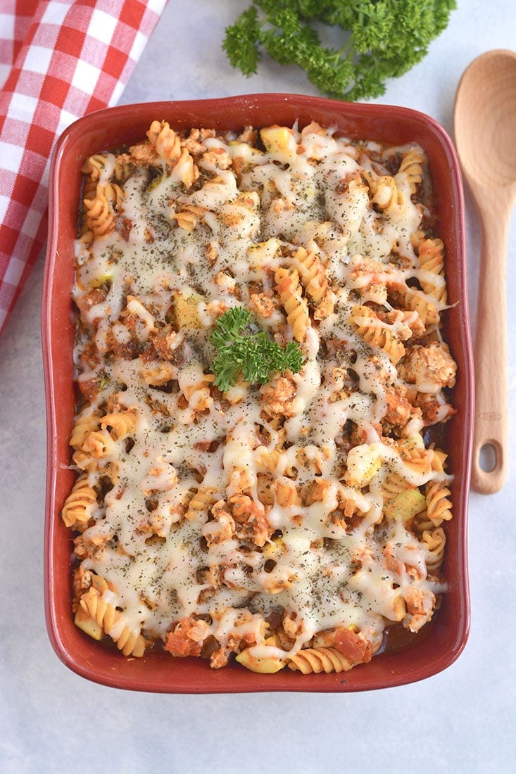 Gluten Free Chicken Chickpea Pasta Bake is loaded with protein, nutrition, flavor and is lower in carbs than traditional pasta! Delicious tasting, easy to make for a quick weeknight dinner or meal prep. This meal is a carb lover's dream! Gluten Free + Low Calorie