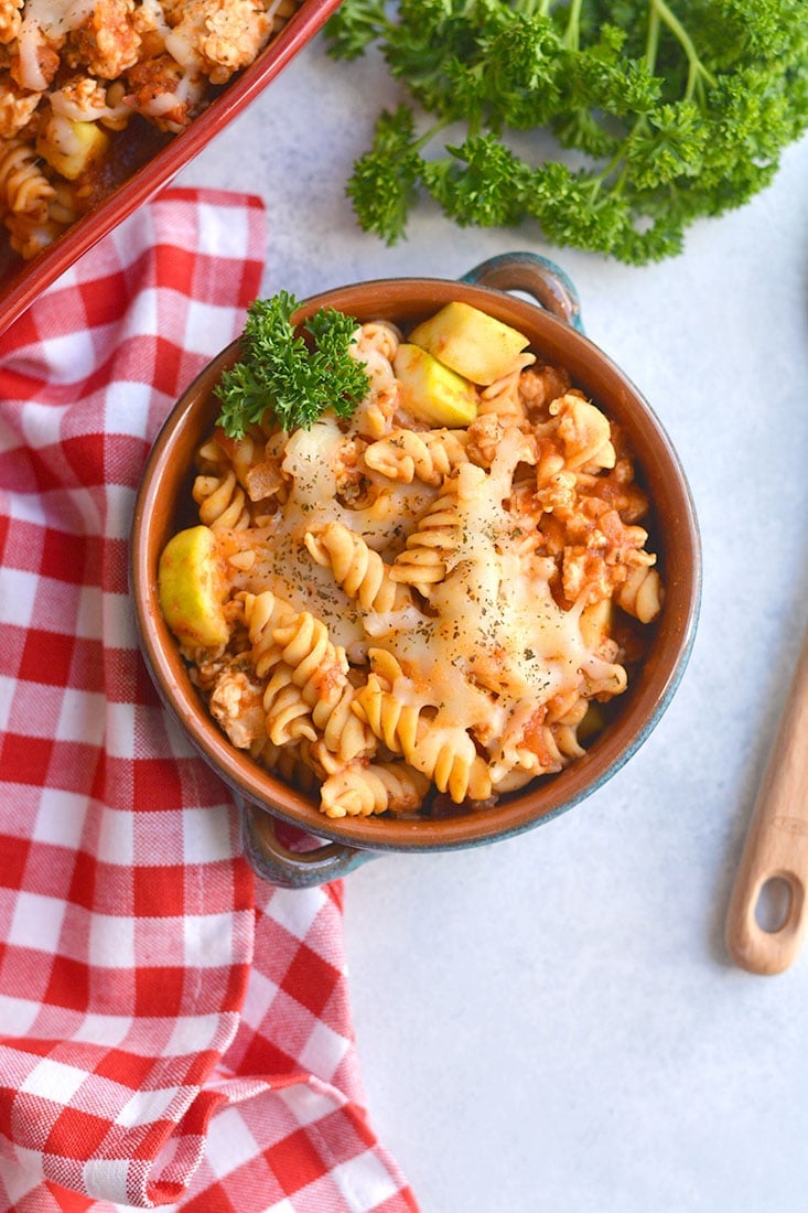 Gluten Free Chicken Chickpea Pasta Bake is loaded with protein, nutrition, flavor and is lower in carbs than traditional pasta! Delicious tasting, easy to make for a quick weeknight dinner or meal prep. This meal is a carb lover's dream! Gluten Free + Low Calorie