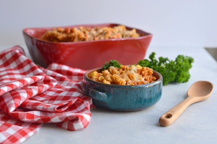 Gluten Free Chicken Chickpea Pasta Bake is loaded with protein, nutrition, flavor and is lower in carbs than traditional pasta! Delicious tasting, easy to make for a quick weeknight dinner or meal prep. This meal is a carb lover's dream! Gluten Free + Low Calorie