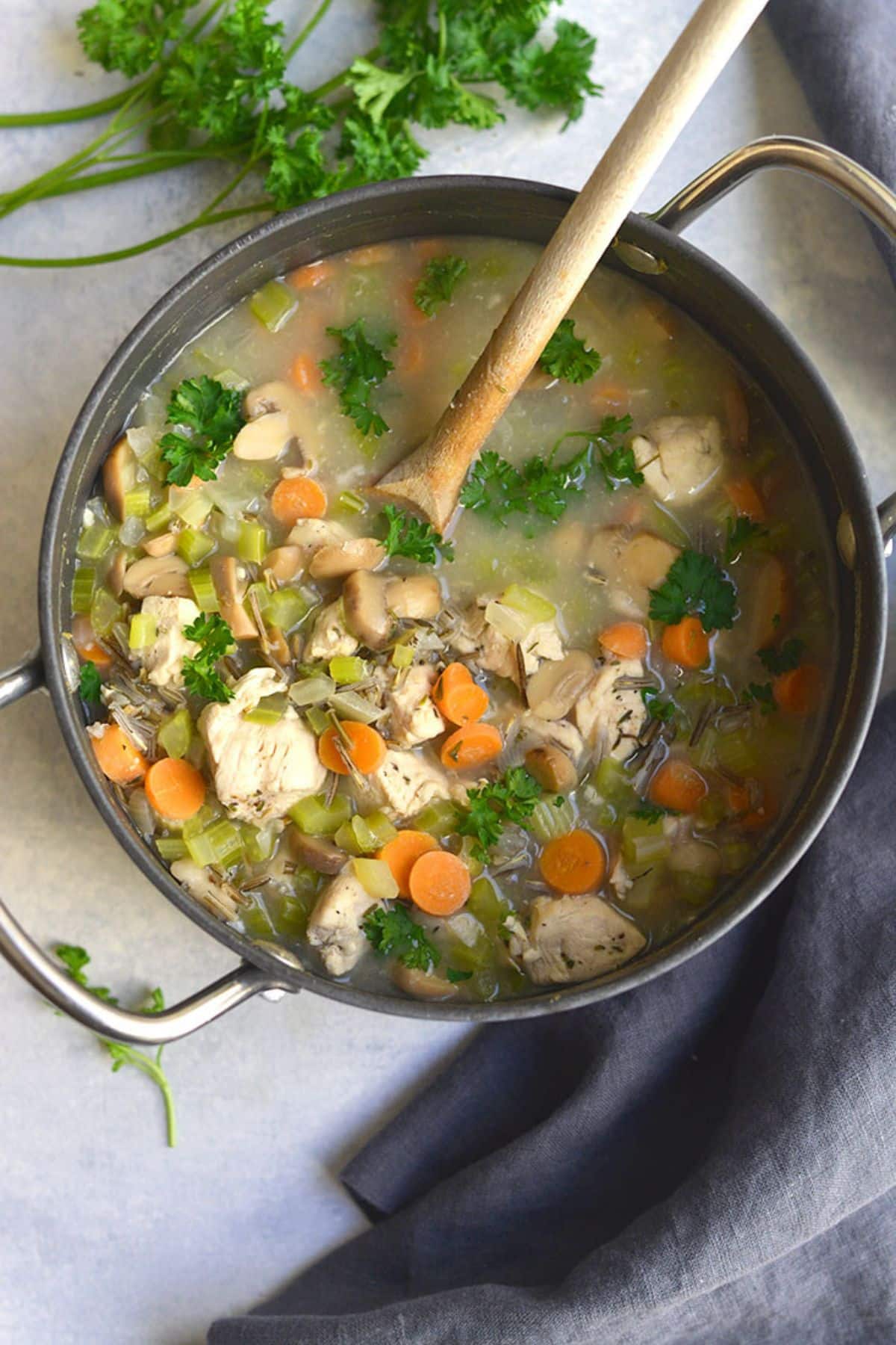 A pot full of chicken wild rice soup.