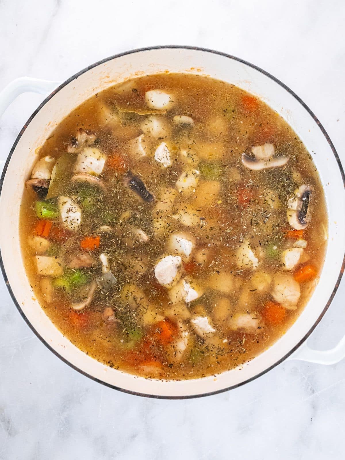 Broth added to the pot.