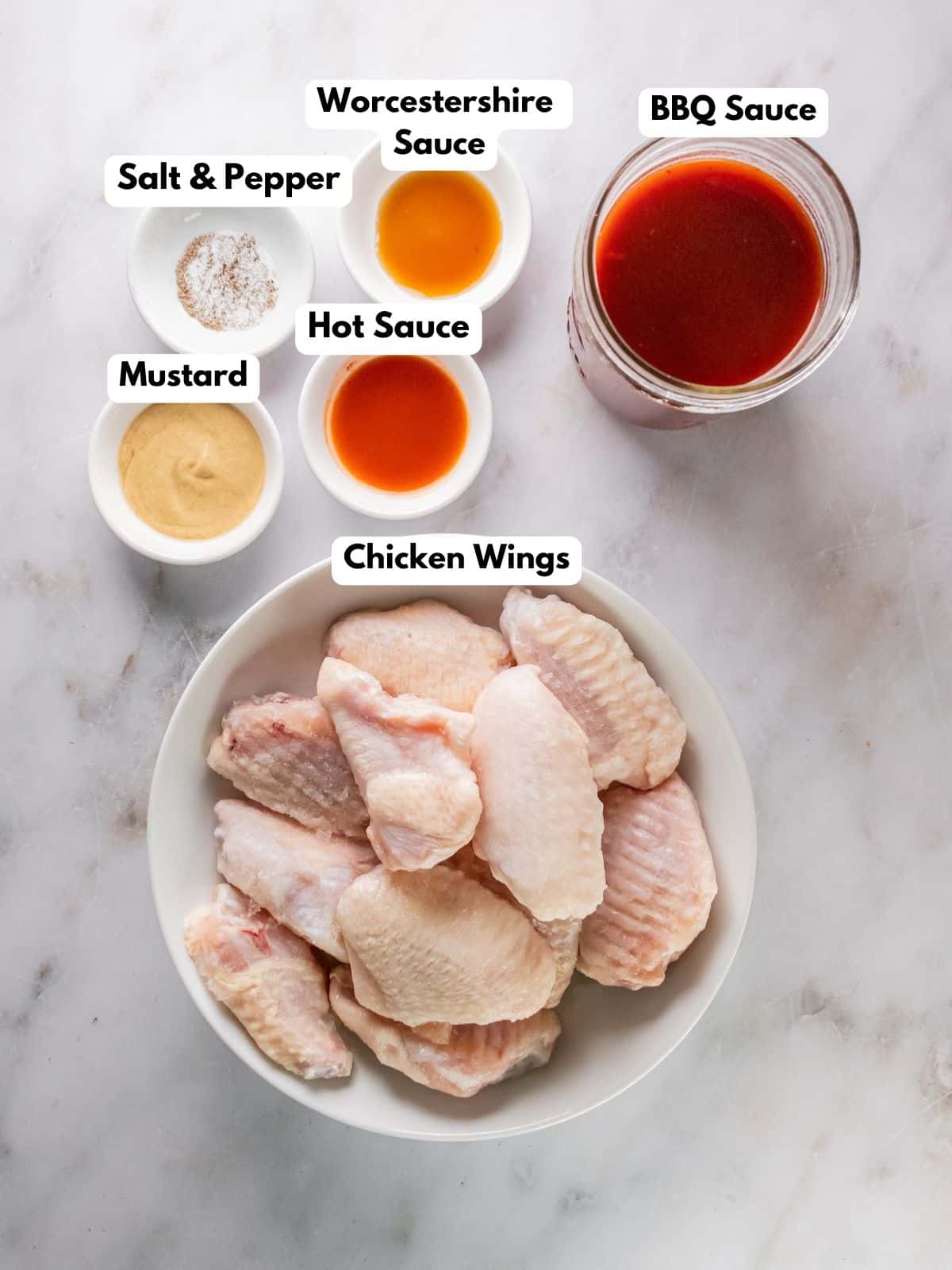 Ingredients for making crockpot bbq chicken wings in bowls.