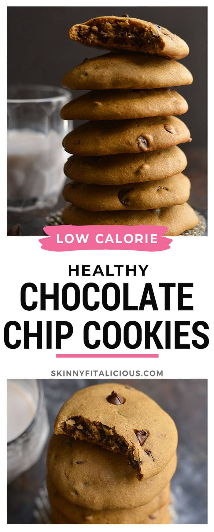 Low Calorie Gluten Free Chocolate Chip Cookies! Perfectly soft baked cookies made with real food ingredients! A healthier version of a childhood favorite made without any refined oil or sugar.