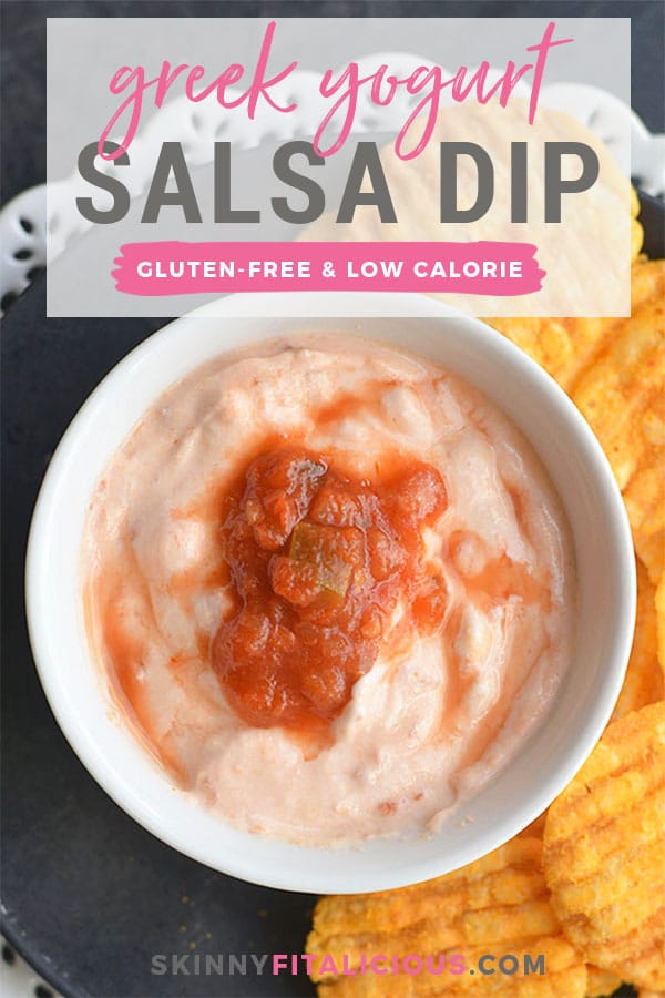 Greek Yogurt Salsa Dip! Made easy in minutes with only two ingredients! Loaded with protein, low in calories and naturally gluten free!