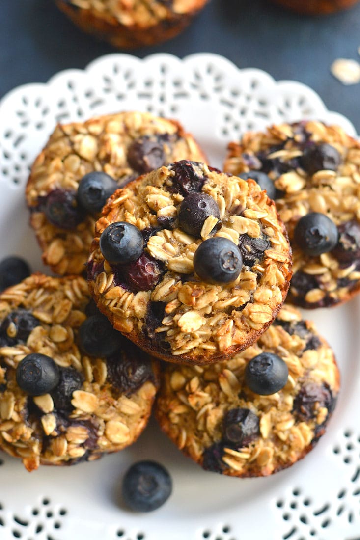 Blueberry Protein Oatmeal Muffins! These easy make ahead muffins are perfect for meal prepping a healthy breakfast or snack. Higher in protein to balance the carbs, these muffins are a better choice. 