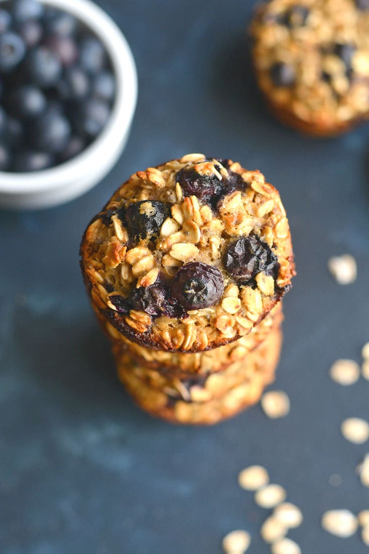 Blueberry Protein Oatmeal Muffins! These easy make ahead muffins are perfect for meal prepping a healthy breakfast or snack. Higher in protein to balance the carbs, these muffins are a better choice. 
