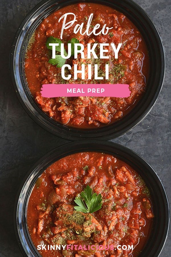 Meal Prep Clean Eating Turkey Chili is Paleo and Whole30 compliant. Made in one pot or a crockpot for an EASY lunch or dinner that's wholesome and satisfying. Paleo, Gluten Free, Low Calorie, Whole30
