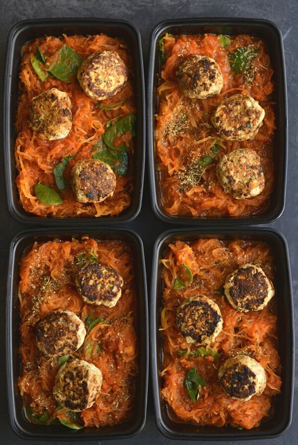 Meal Prep Spaghetti Squash & Meatballs! A traditional recipe gets a low carb swap & pair with veggie loaded meatballs for a high protein lunch or dinner! Paleo + Gluten Free + Low Calorie