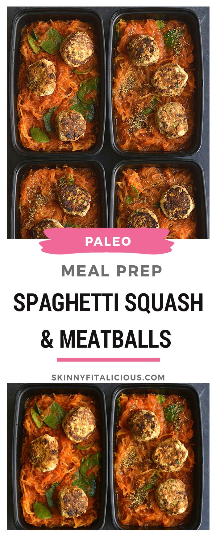 Meal Prep Spaghetti Squash & Meatballs! A traditional recipe gets a low carb swap & pair with veggie loaded meatballs for a high protein lunch or dinner! Paleo + Gluten Free + Low Calorie