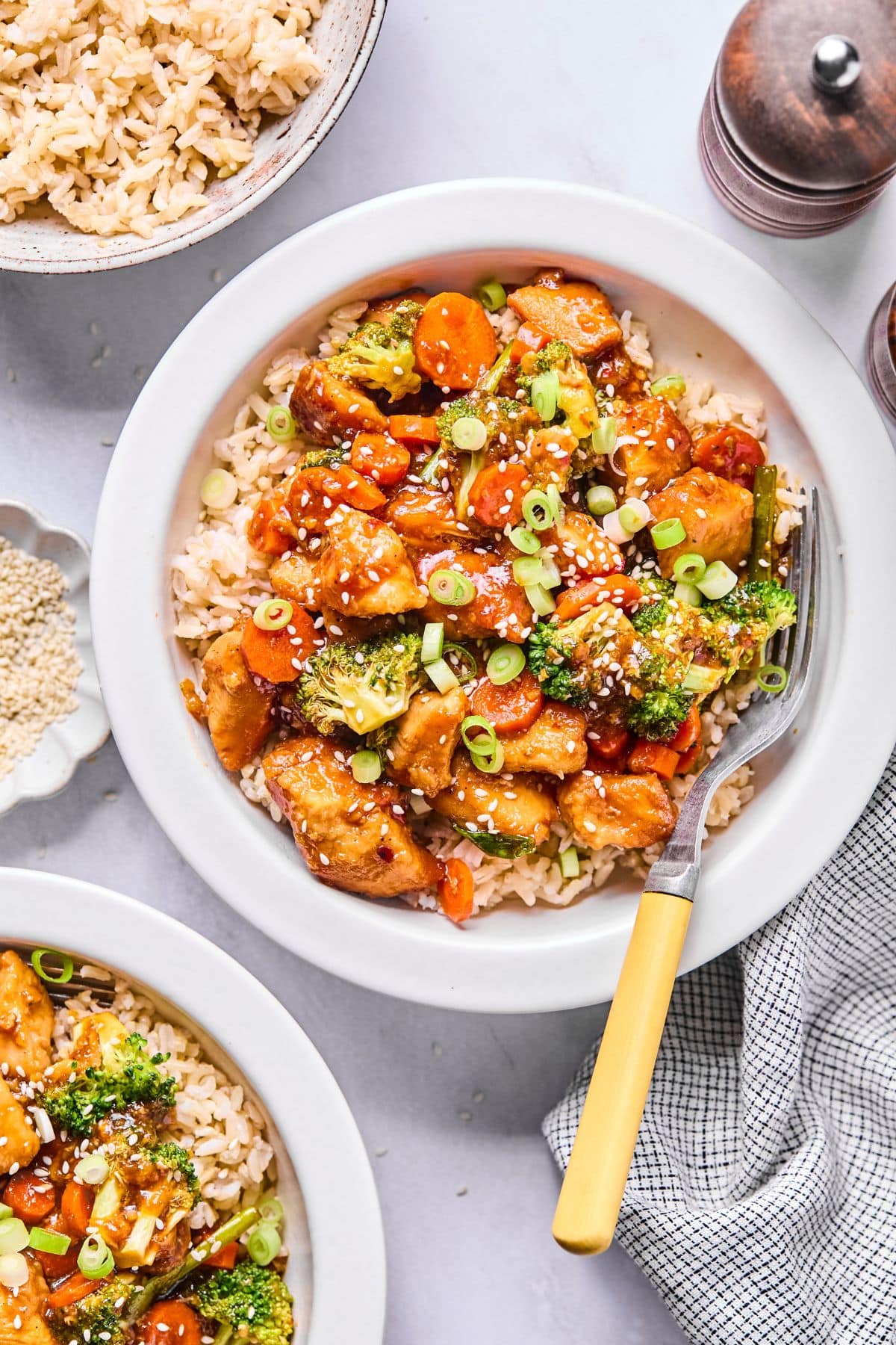 A bowl full of mongolian chicken.