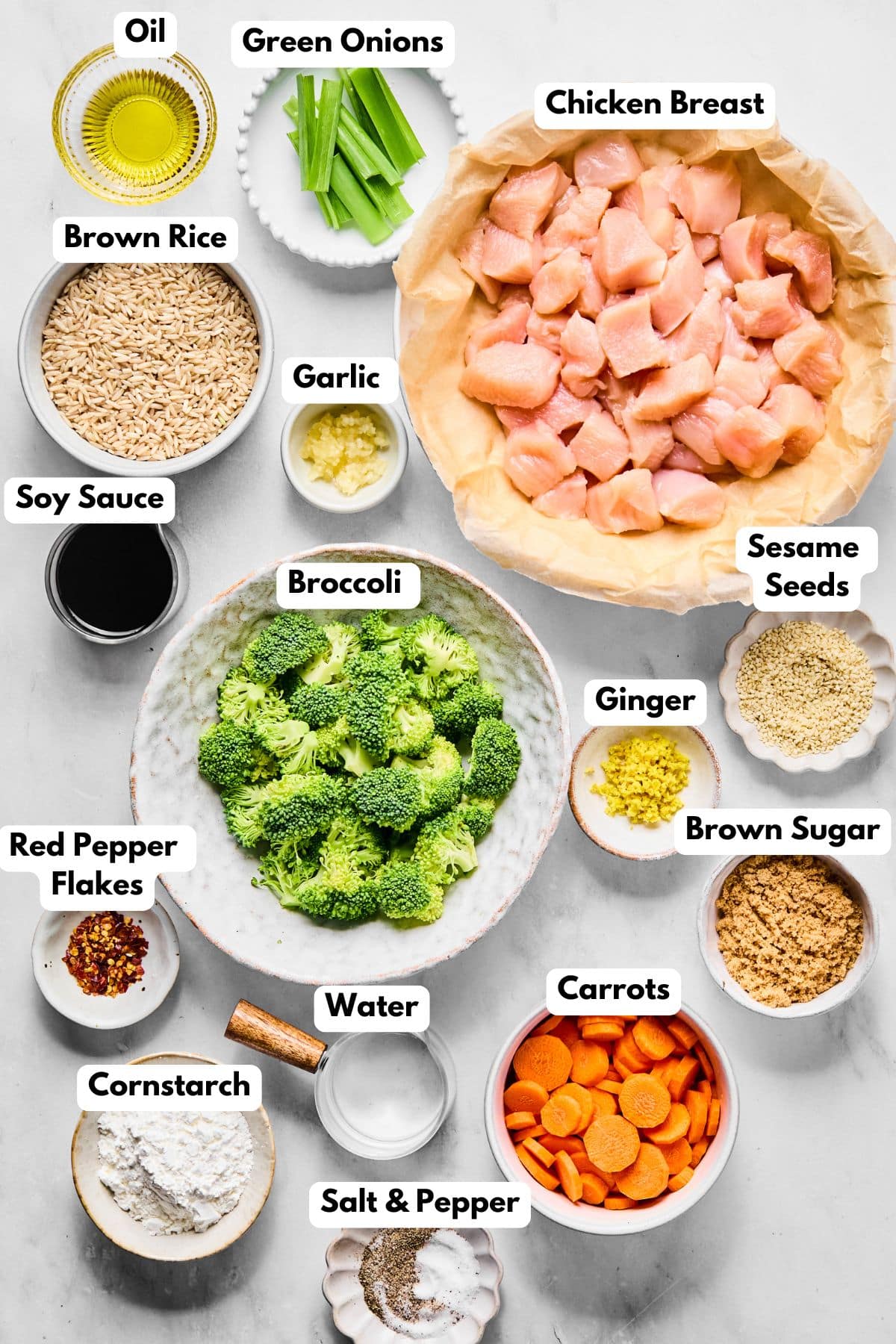 Ingredients for making Mongolian chicken in bowls.