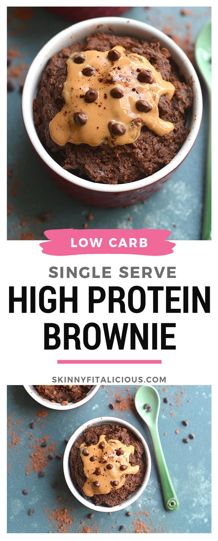 Single Serve High Protein Brownie! Get your chocolate fix with this easy 5-minute microwave brownie recipe. Loaded with protein & healthy fat, this sweet treat is perfect for those watching their weight, counting macros or who want to eat chocolate without going overboard! Gluten Free + Low Calorie + Low Carb + Paleo 