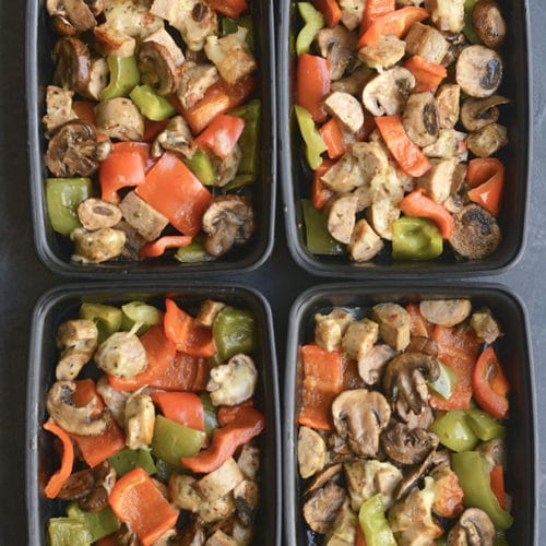 Meal Prep Sausage Pepper Pizza Casserole! Quick veggie-protein loaded casserole with a touch of cheesy goodness on top. A filling & flavorful low carb meal for lunch or dinner! Gluten Free + Low Calorie + Low Carb