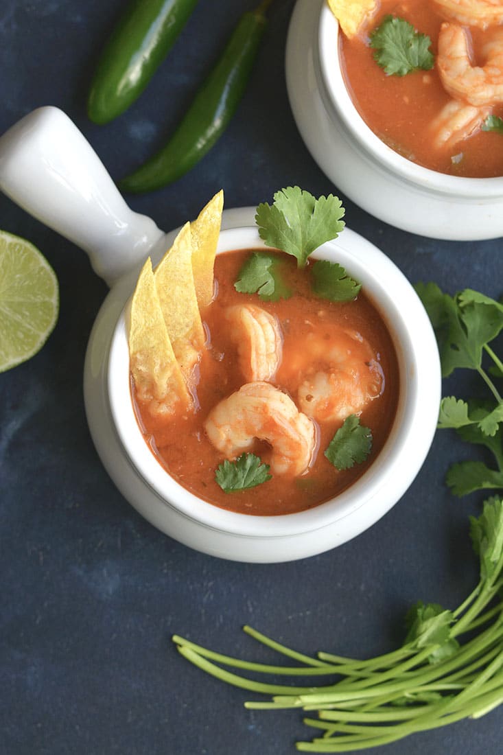 Chipotle Shrimp Taco Soup is an easy to make recipe in 30 minutes. Super spicy with veggies, lean protein, spices & herbs. A soup you can eat year-round that's packed with nourishment & flavor! Gluten Free + Paleo + Low Calorie
