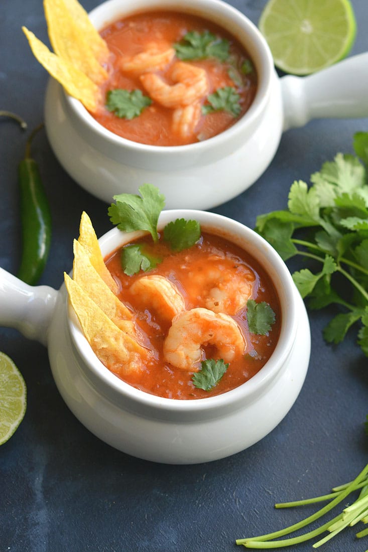 Chipotle Shrimp Taco Soup is an easy to make recipe in 30 minutes. Super spicy with veggies, lean protein, spices & herbs. A soup you can eat year-round that's packed with nourishment & flavor! Gluten Free + Paleo + Low Calorie