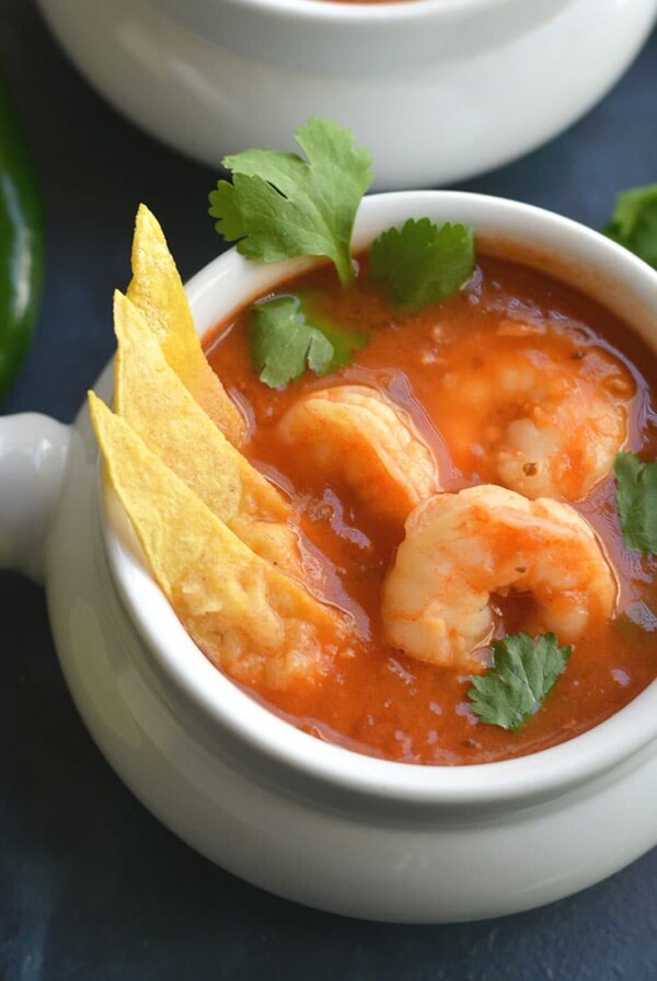 Chipotle Shrimp Taco Soup is an easy to make recipe in 30 minutes. Super spicy with veggies, lean protein, spices & herbs. A soup you can eat year-round that's packed with nourishment & flavor! Gluten Free + Paleo + Low Calorie