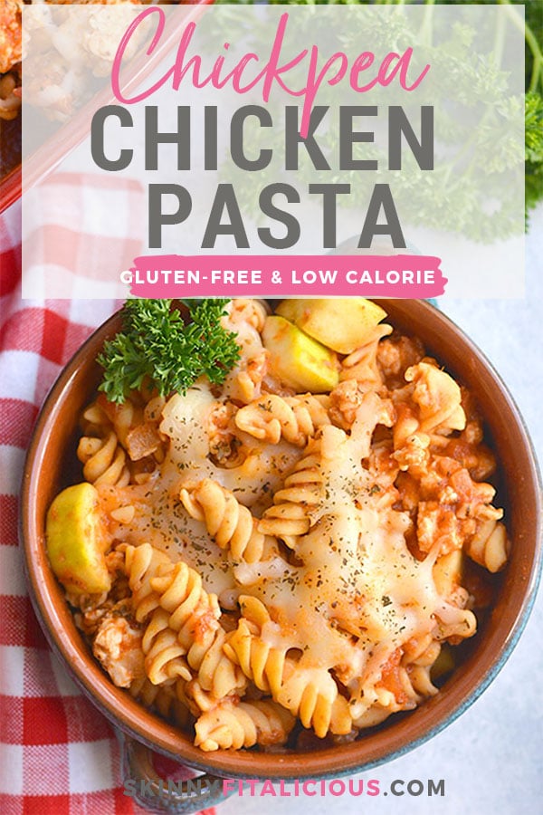 Gluten Free Chicken Chickpea Pasta Bake is loaded with protein, nutrition, flavor and is lower in carbs than traditional pasta! Delicious tasting, easy to make for a quick weeknight dinner or meal prep. This meal is a carb lover's dream! Gluten Free + Low Calorie