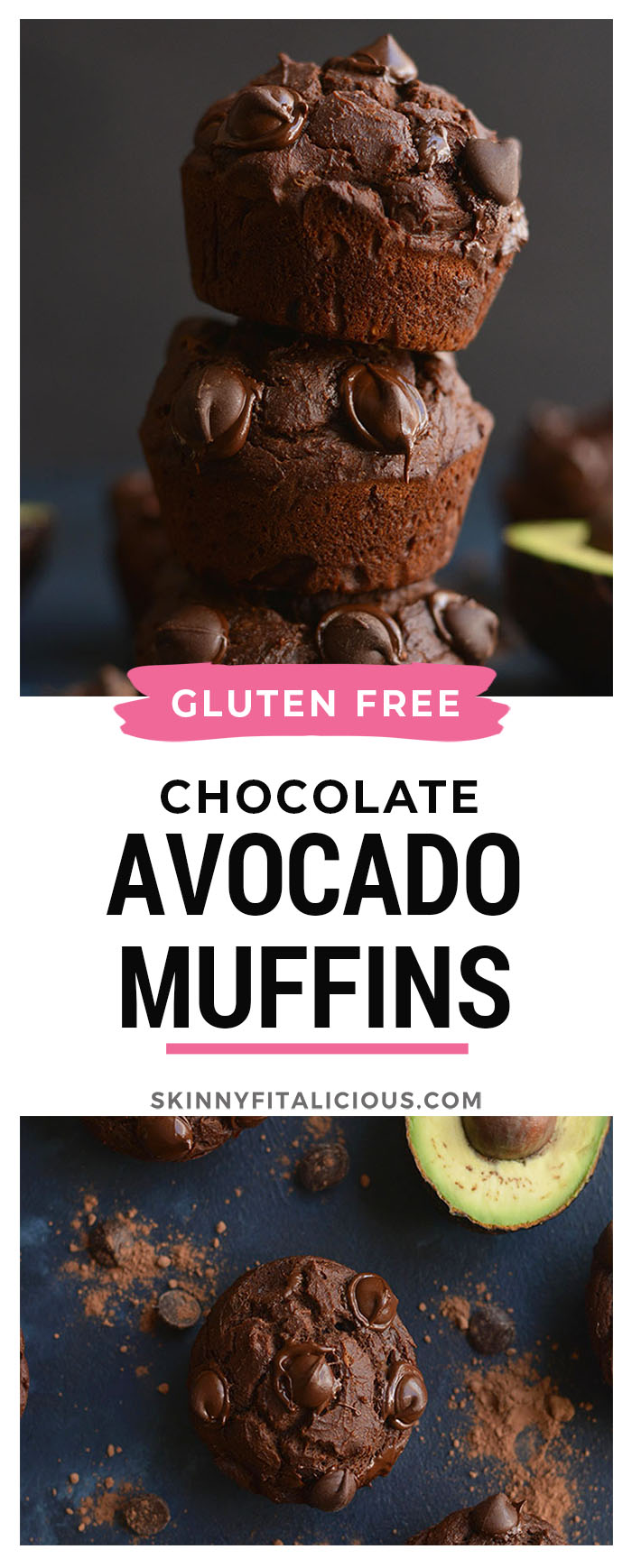 Make muffins part of your morning routine with these Gluten Free Chocolate Avocado Muffins! High in protein, lower in sugar and made with simple wholesome ingredients. Portable, delicious and filled with CHOCOLATE! Gluten Free + Low Calorie
