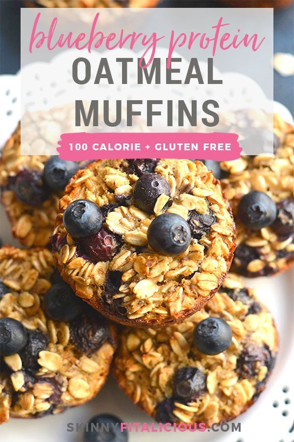 Blueberry Protein Oatmeal Muffins! These easy make ahead muffins are perfect for meal prepping a healthy breakfast or snack. Higher in protein to balance the carbs, these 97 calorie muffins are a better choice. Gluten Free + Low Calorie