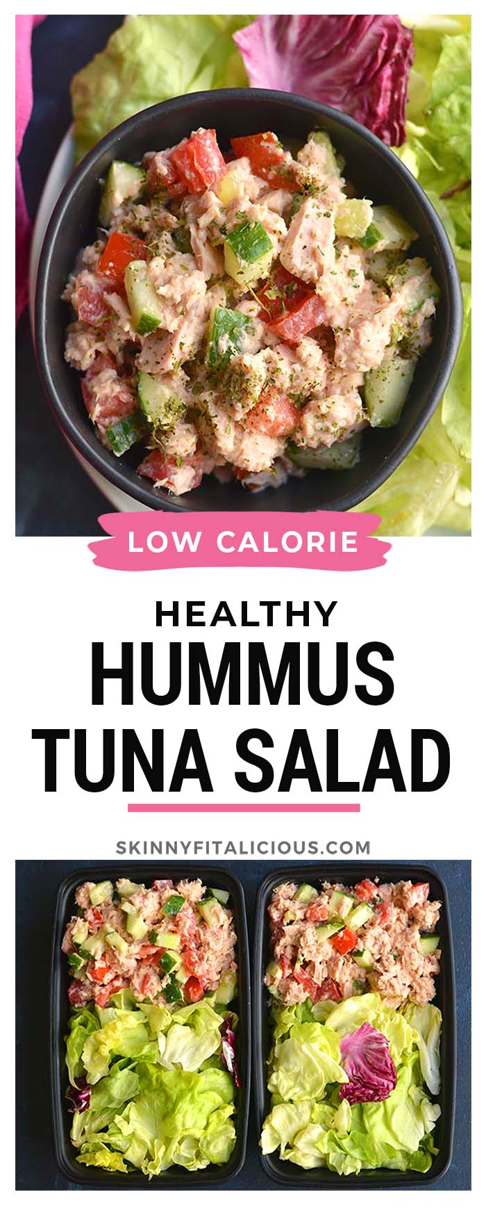 Meal Prep Hummus Tuna Salad ready in 10 minutes! This high protein, low carb tuna salad is mixed with fresh veggies for a light and filling meal. Quick to prep, easy to eat on the go!