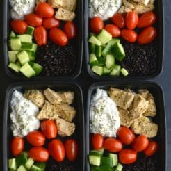 Meal Prep Greek Chicken Quinoa! Made in under 30 minutes in an Instant Pot. Paired with quinoa, tzatziki, cucumber and tomatoes for a Mediterranean style meal that is filling and full of flavor! Gluten Free + Low Calorie