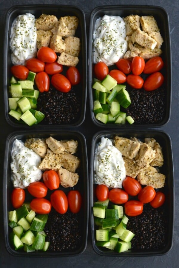 Meal Prep Greek Chicken Quinoa! Made in under 30 minutes in an Instant Pot. Paired with quinoa, tzatziki, cucumber and tomatoes for a Mediterranean style meal that is filling and full of flavor! Gluten Free + Low Calorie