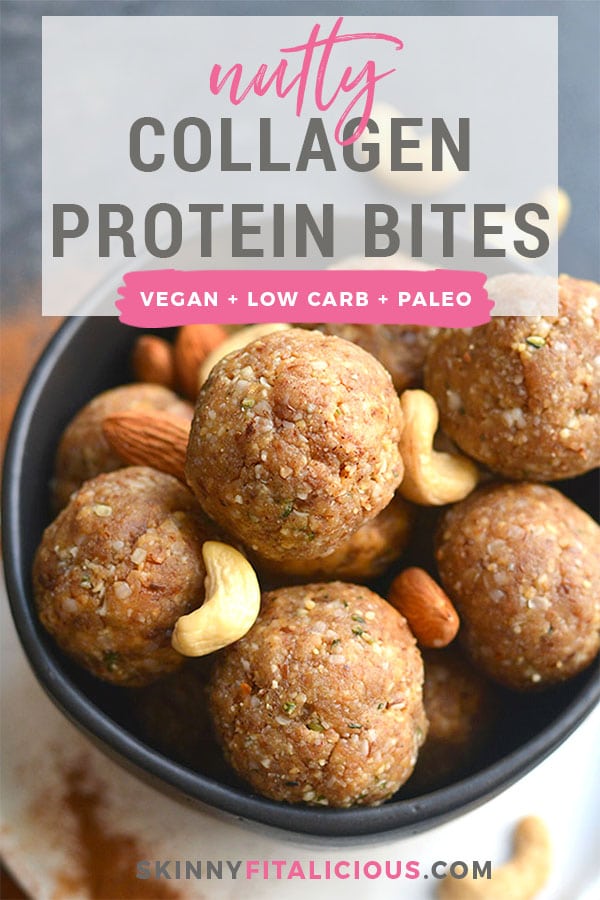Nutty Collagen Protein Bites! These no bake energy bites are loaded with healthy fat & protein! Chewy, slightly sweet & customizable to any nuts you like, these make a great breakfast or snack. Paleo + Vegan + Low Carb + Gluten Free + Low Calorie
