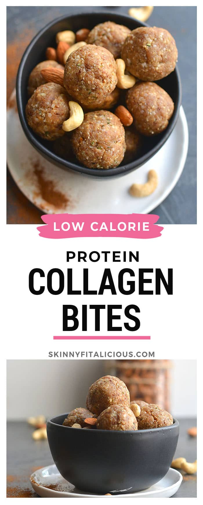 Nutty Collagen Protein Bites! These no bake energy bites are loaded with healthy fat and protein! Chewy, slightly sweet and customizable to any nuts you like, these make a great breakfast or snack. Paleo + Low Carb + Gluten Free + Low Calorie
