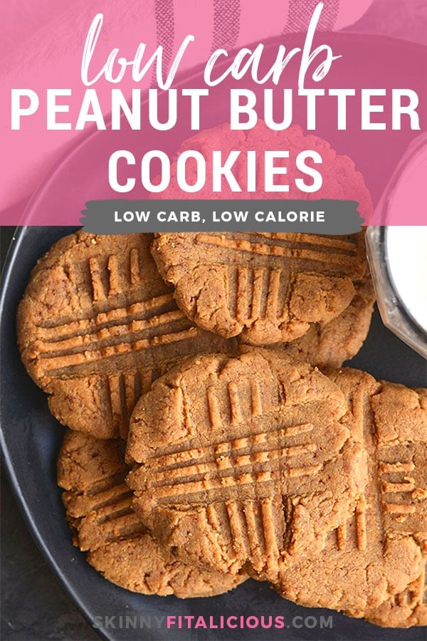 5 Ingredient Low Carb Peanut Butter Cookies! Made with 5 ingredients, these grain, sugar and oil free, these low carb cookies are a healthier version of a childhood favorite! Gluten Free + Low Carb + Low Calorie