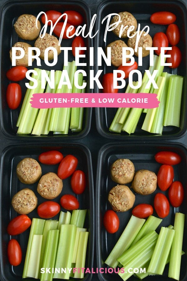 Meal Prep Protein Bite Snack Box! Snacking doesn't get easier than 3 ingredient no bake protein bites paired with fresh veggies. The perfect on the go snack boxes you can take with you anywhere! Vegan + Gluten Free + Low Carb 