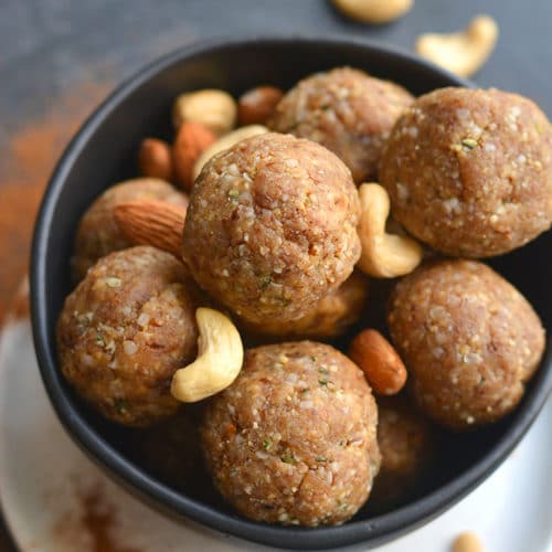 Nutty Collagen Protein Bites! These no bake energy bites are loaded with healthy fat & protein! Chewy, slightly sweet & customizable to any nuts you like, these make a great breakfast or snack. Paleo + Vegan + Low Carb + Gluten Free