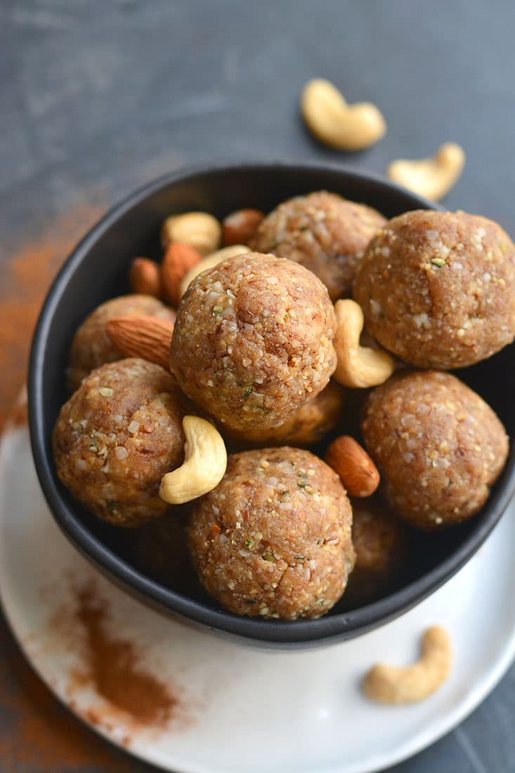 Nutty Collagen Protein Bites! These no bake energy bites are loaded with healthy fat & protein! Chewy, slightly sweet & customizable to any nuts you like, these make a great breakfast or snack. Paleo + Vegan + Low Carb + Gluten Free