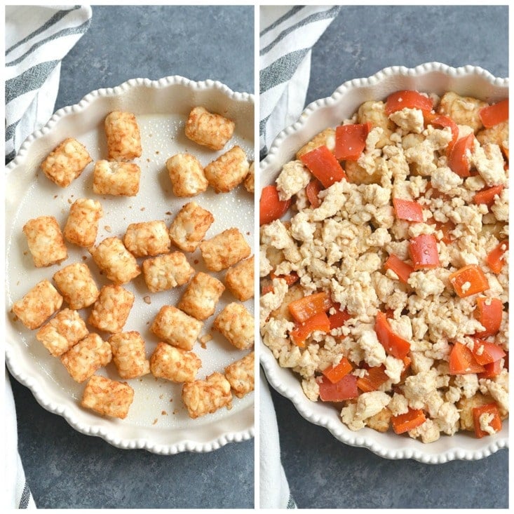 Tater Tot Breakfast Bake! Loaded with chicken, eggs, bell pepper & tater tots, this recipe is simple to make, hearty & tasty. Perfect for a weekend brunch and feeds a crowd too! Gluten Free + Low Calorie
