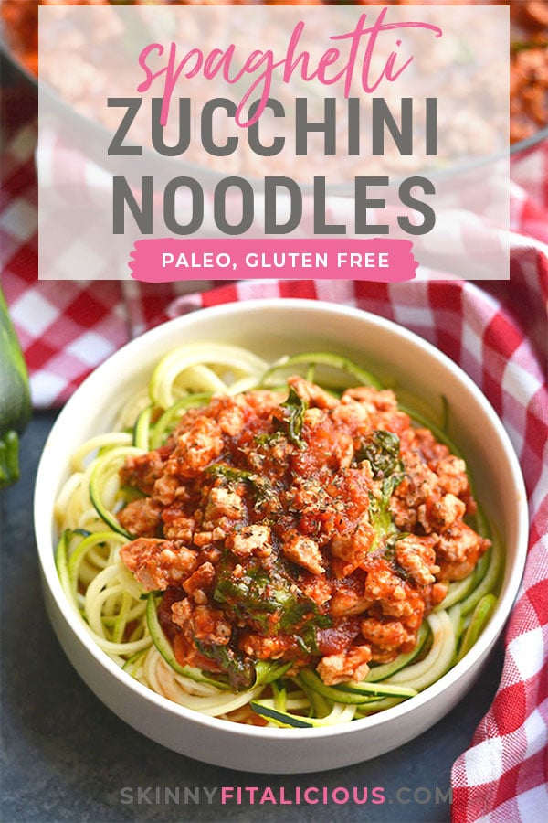 This Turkey Spaghetti Zoodles is pasta without the pasta! A SUPER simple one pan dinner that’s low calorie, low carb, Paleo, gluten free and takes just 10 minutes to make. This will soon be your go-to week night dinner! Paleo + Gluten Free + Low Calorie