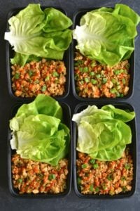 Meal Prep Healthy Chicken Lettuce Wraps! A Gluten Free appetizer or meal filled with spicy flavor! Minimal ingredients and quick to make. Perfect for an easy meal prep! Paleo + Gluten Free + Low Calorie