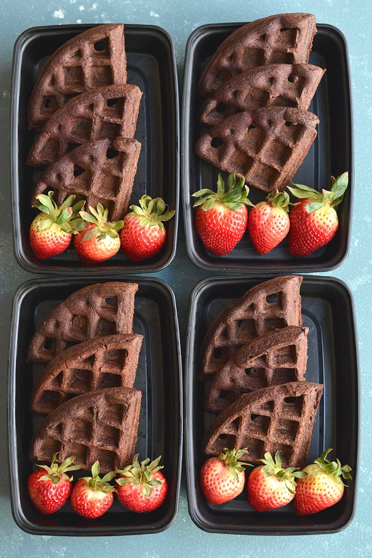 Meal Prep Chocolate Almond Flour Waffles! These chocolate goodies are not only easy to make, but high in protein and healthy fat. You only need a few healthy ingredients to make these light, fluffy, dairy free and delicious waffles. Great for meal prep and freezable too! Paleo + Gluten Free + Low Calorie