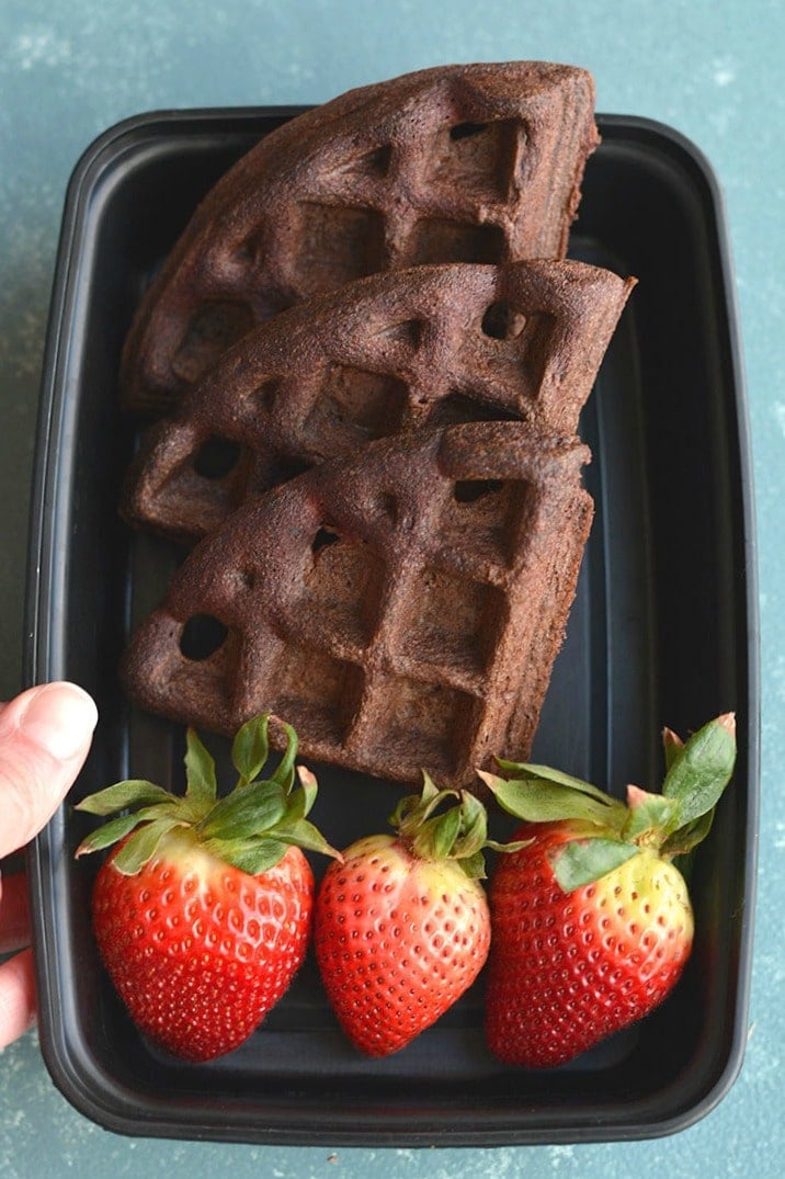 Meal Prep Chocolate Almond Flour Waffles! These chocolate goodies are not only easy to make, but high in protein and healthy fat. You only need a few healthy ingredients to make these light, fluffy, dairy free and delicious waffles. Great for meal prep and freezable too! Paleo + Gluten Free + Low Calorie