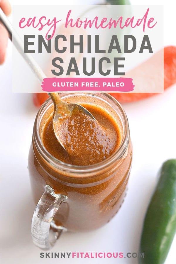 This Healthy Enchilada Sauce is made with homemade with wholesome, everyday ingredients. A simple to make, 10 minute enchilada sauce made easy on the stovetop with minimal work. Naturally gluten free, Paleo, Vegan and low in calories. Perfect for topping enchiladas, tacos, burritos, salads and more! 
