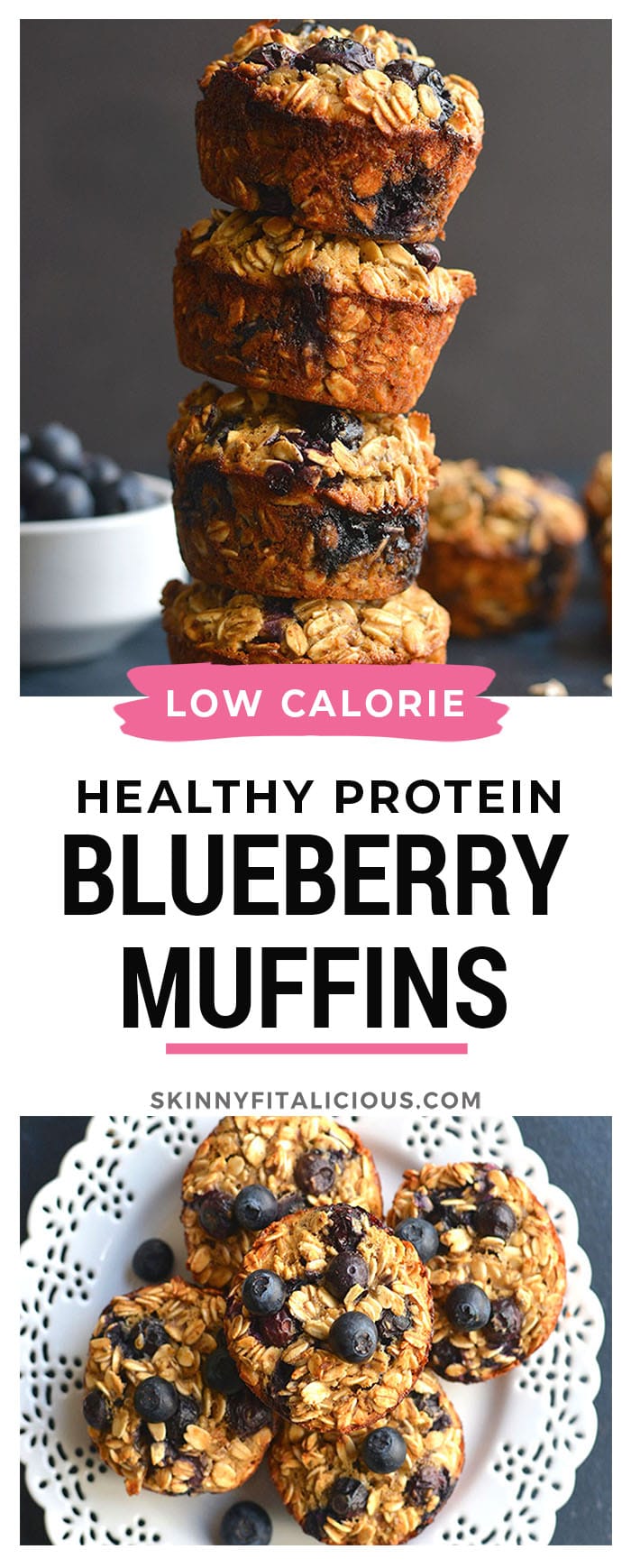 Blueberry Protein Oatmeal Muffins! These easy make ahead muffins are perfect for meal prepping a healthy breakfast or snack. Higher in protein to balance the carbs, these 97 calorie muffins are a better choice.
