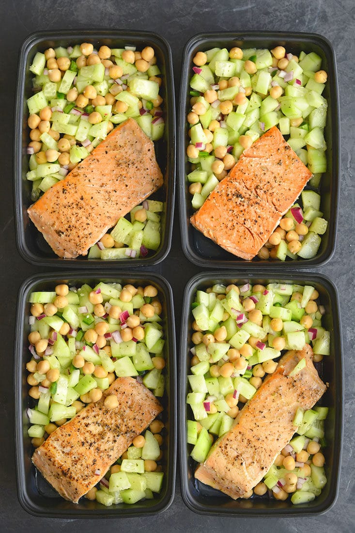 Meal Prep Salmon Cucumber Chickpea Salad! 10-minute skillet salmon paired with a light & fresh cucumber chickpea salad that has a kick of spice. This high protein meal is prepped in under 15 minutes making it perfect for a quick & easy meal prep! Low Calorie + Gluten Free