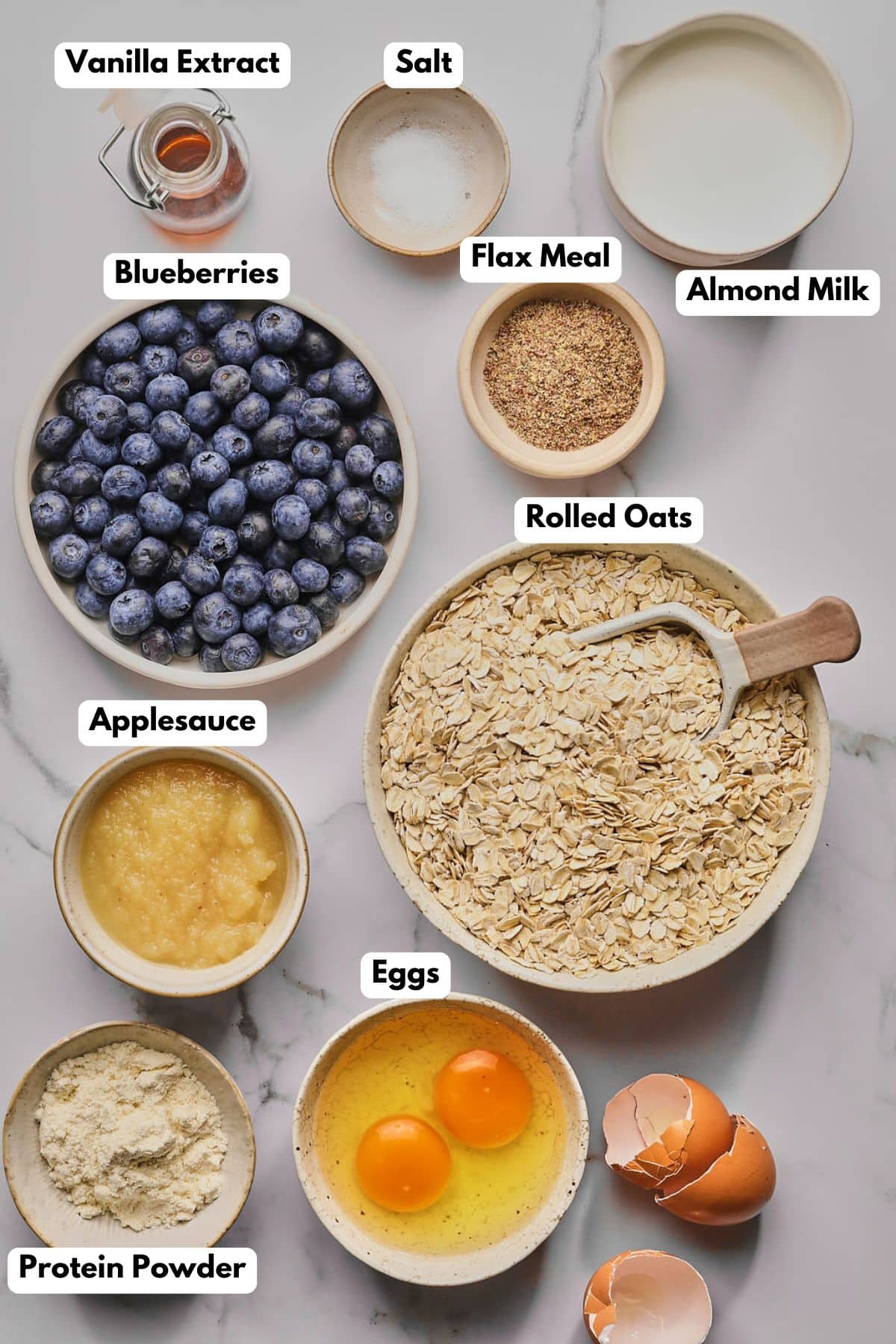 Ingredients for making blueberry protein muffins.