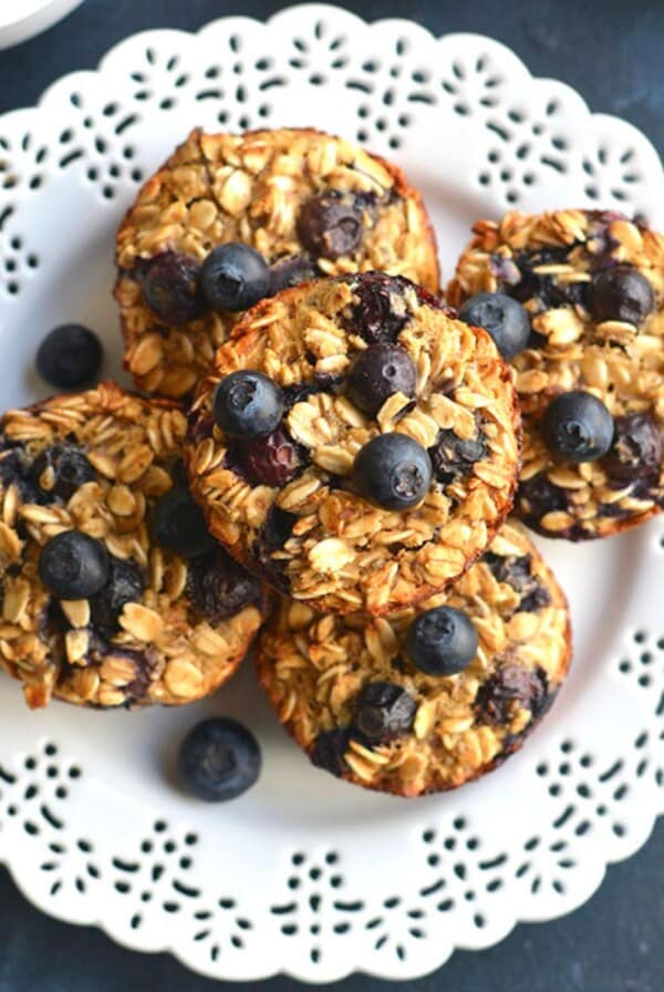 A plate of blueberry oatmeal protein muffins.