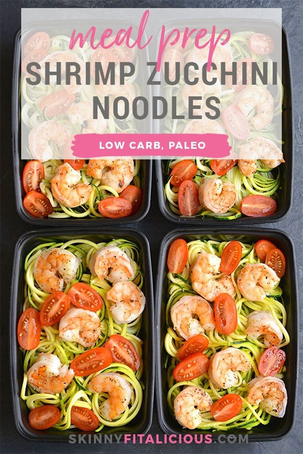 Meal Prep Shrimp Zucchini Noodles! Zesty lemon garlic shrimp is topped over zucchini noodles with sliced tomatoes. Baked on a sheet pan in under 10 minutes! A light, fresh and satisfying low carb meal to take with you on the go! Paleo + Gluten Free + Low Calorie