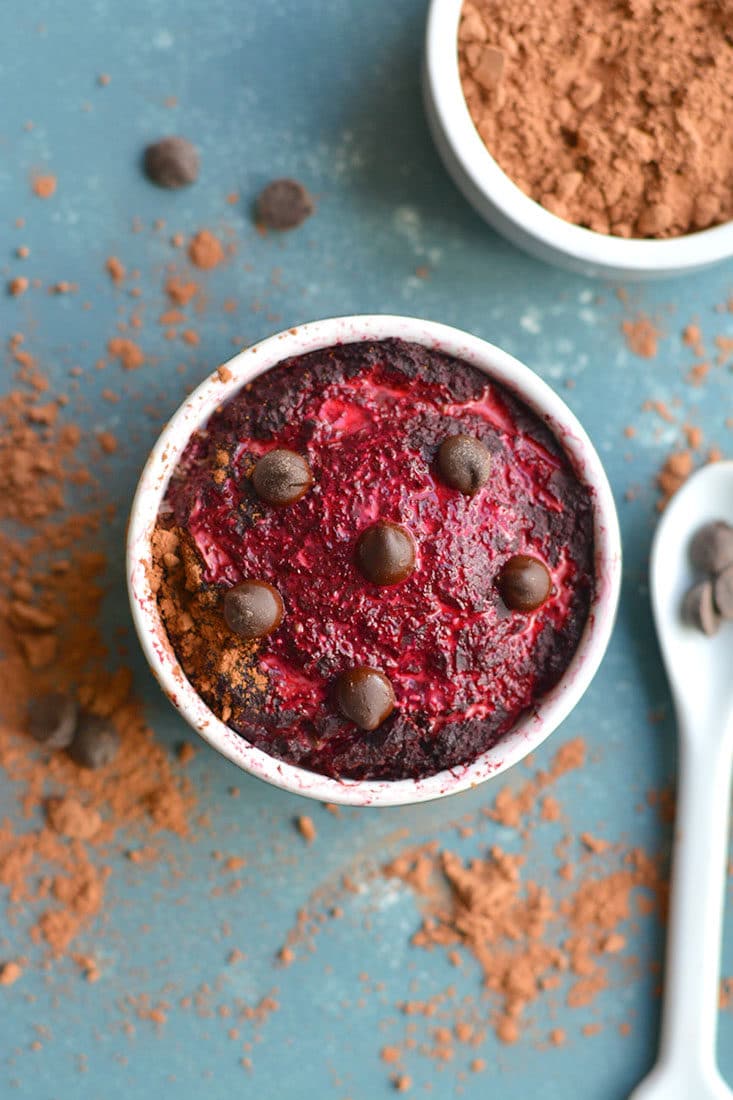 This Single Serve Red Velvet Brownie is a chocolate lover's dream! Made with gut healthy roasted beets and antioxidant rich cocoa powder, this healthy treat is not only good for you but easy to make! Only 100 calories, Paleo, gluten free and low calorie!
